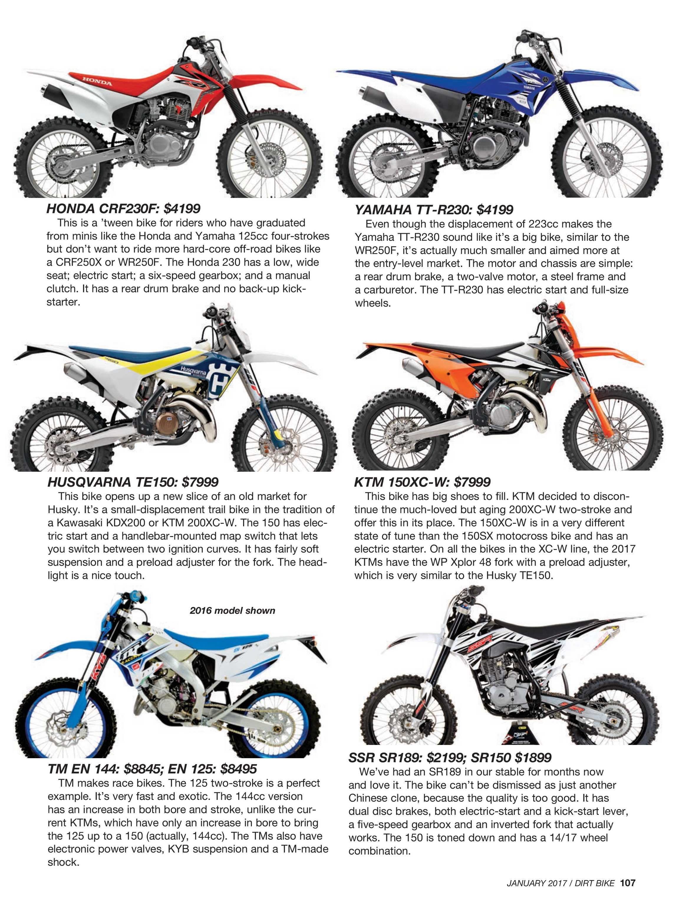 Different type store of dirt bikes